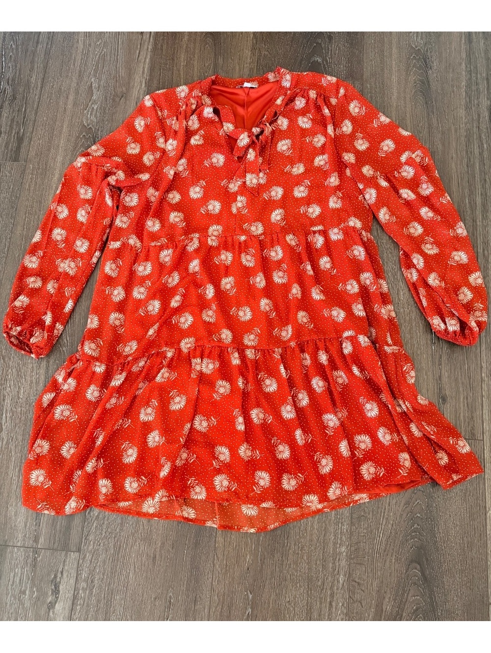 Luxology Rust/Burnt Orange Floral Tiered Mini Dress Long Sleeve Boho Size L